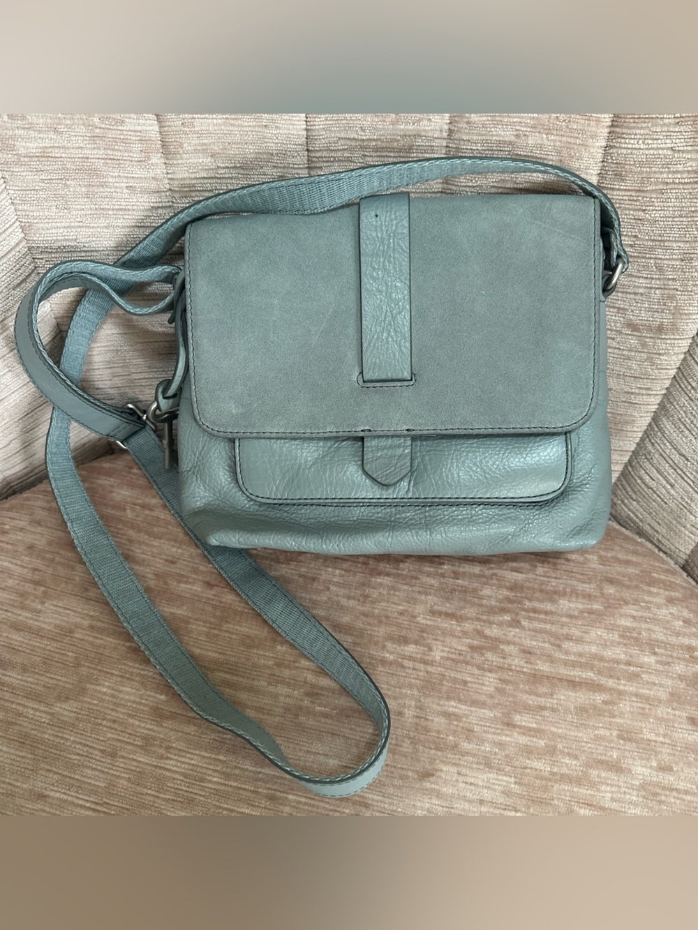 Fossil Kinley Pebbled Leather & Suede Crossbody Bag Bluish Gray Key Charm